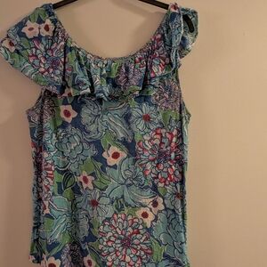 Lilly Pulitzer Blue Multi Floral Ruffle Tank Split Seam One Shoulder Cute Fun XL
